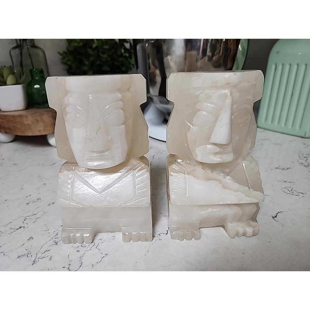 Carved Aztec Mayan Tiki Marbled Stone Bookends 5.5" Lot of 2 Vintage NICE